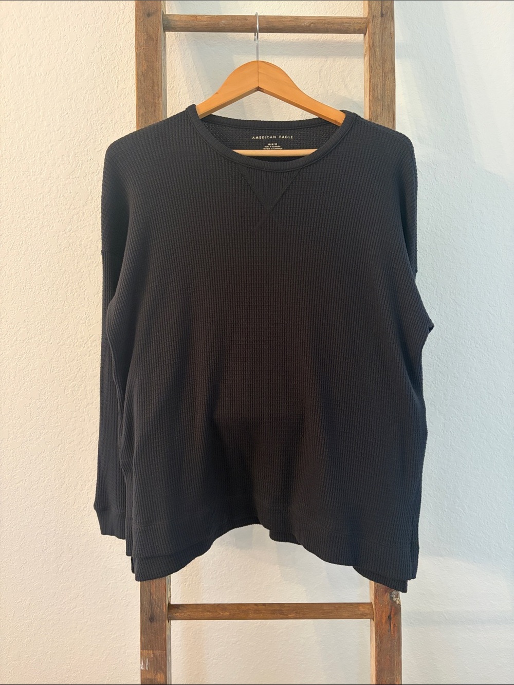 American Eagle Outfitters Black Waffle Crewneck Sweater